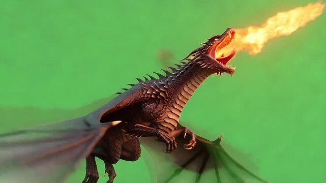 Black Dragon Flying and Spitting Fire on Green Screen. 4K Video