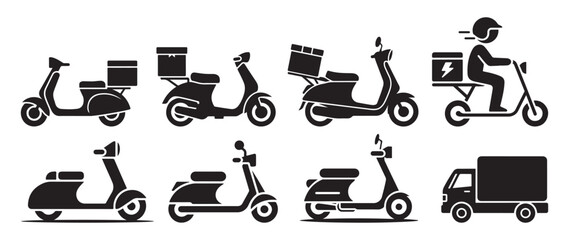 Food and grocery delivery scooter courier silhouette icons. vector illustration eps 10