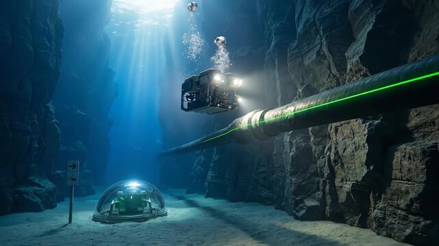Autonomous underwater rov inspecting deep sea gas pipeline with green laser highlighting advanced marine technology for energy infrastructure maintenance and exploration in rocky canyon internet cable