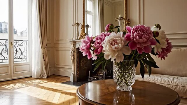Luxurious parisian apartment interior with a bouquet of peonies, a classic marble fireplace with a gilt mirror, and sunlight illuminating the beautiful wooden floor