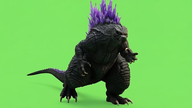 Kaiju Monster Godzilla Roaring with Purple Spikes on Green Screen