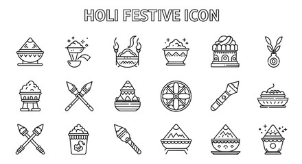 Holi festival celebration icons set with colorful powder and water elements in a vibrant cultural scene