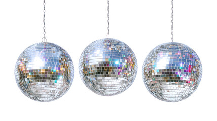 Three shiny disco balls hanging from the ceiling on transparent background