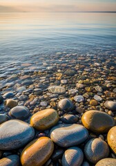 Obraz premium Smooth coastal stones edge the crystal lake on a calm sunset evening