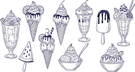 Ice cream desserts line art illustration set. Milkshakes, cones and popsicles in detailed black and white sketch style. Vintage dessert drawing isolated on white background with gray border. © HazelQueen