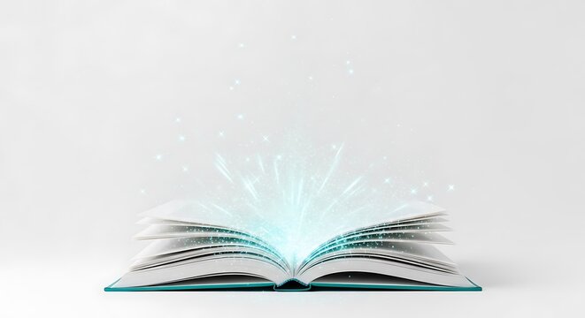 Open book with ethereal blue light emanating from pages, on white backdrop