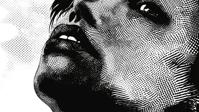 Monochrome pop art style close-up of female face with halftone dots