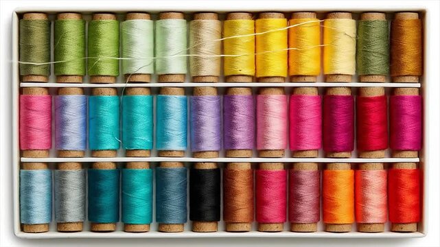 Colorful thread spools organized in a box sewing and crafting supplies