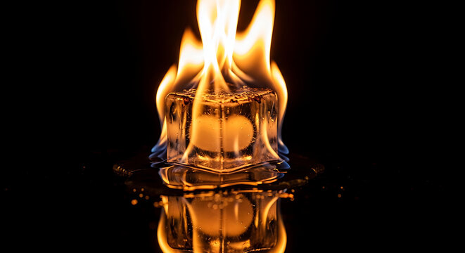 Fire ice cube burning on a reflective surface with flames and smoke against a black background