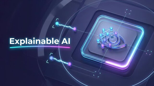 Futuristic animation showing the concept of explainable artificial intelligence - xai - , featuring a neon glowing eye icon connected to a neural network processing data and sending signals