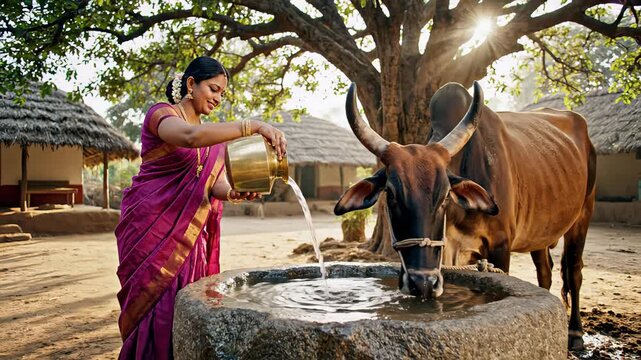 Beautiful indian woman wearing a traditional sari pouring fresh water from a brass pot into a stone trough for her majestic zebu bull, showcasing daily life in a tranquil rural village