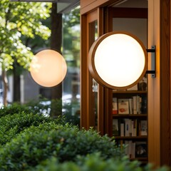 A minimalist circular glowing wooden sign mounted on a modern storefront facade with lush green bushes and books.