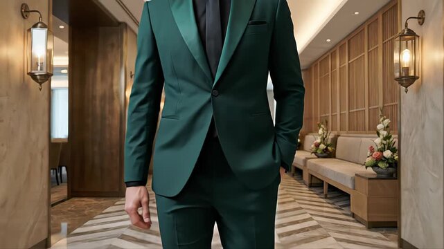 Successful and handsome businessman wearing an elegant green suit confidently walking towards the camera in a modern and luxurious hotel lobby, showcasing style and professional ambition