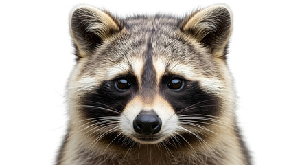 Detailed headshot of a North American raccoon with a soulful and melancholic gaze, isolated on a clean white background