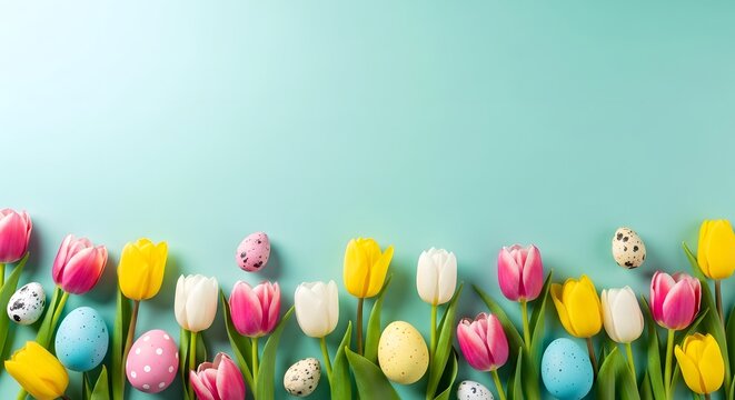 Vibrant tulips on pastel blue background spring floral arrangement suitable for nature theme design