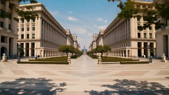 Muscat cityscape with colonnades and modern architecture and people walking on a sunny day in oman