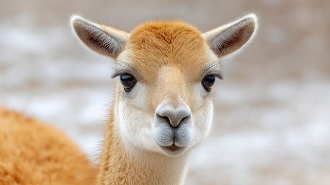 Curious young lama in natural habitat close-up scene