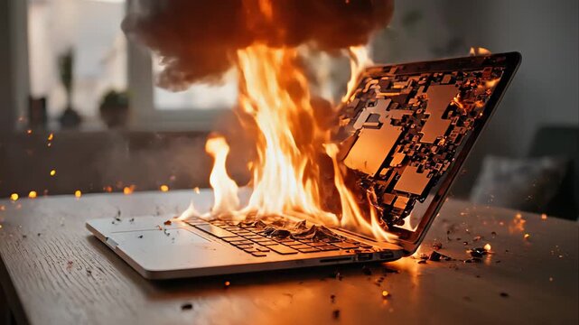 Modern laptop computer overheating and catching on fire, ultimately exploding with sparks and smoke on a wooden desk in an office setting. This dramatic scene symbolizes hardware failure