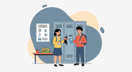 Students Interacting with Lockers in a School Corridor Scene