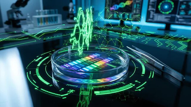 Advanced genetic research in a futuristic laboratory showing dna sequencing in a petri dish, with holographic data and molecular structures being analyzed on a high tech, interactive user interface