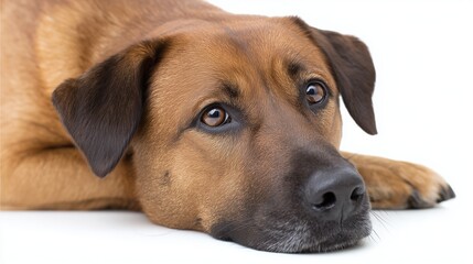 Obraz premium Close-up of brown dog with expressive eyes on white background