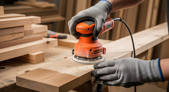 Close-up of hands in gloves using an orbital sander on wood in a workshop