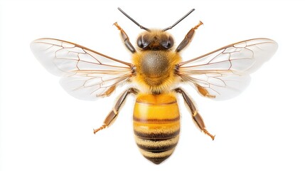 Detailed close-up of a honeybee with translucent wings on white background