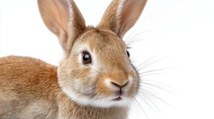 Obraz premium Close-up of a curious brown rabbit with white background