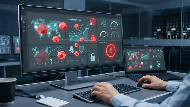 Professional it specialist working in a server room, detecting a global cyberattack on a world map interface, and successfully deploying a powerful antivirus to restore network security