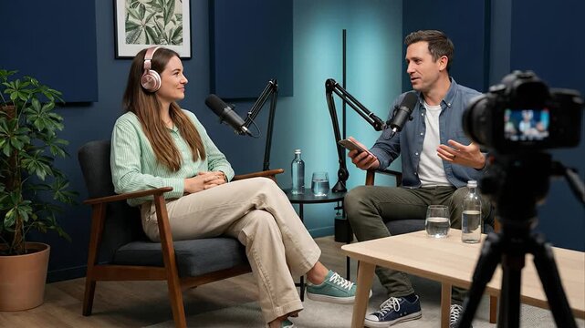 Professional male radio host interviewing a smiling female guest in a modern studio. Two people are recording an audio podcast and talking into microphones while a camera is filming them