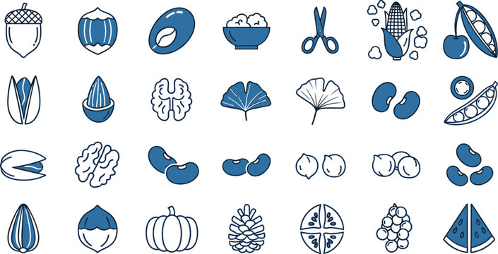 Blue line art food icon set. Thirty minimalist nut, fruit and kitchen symbols in 6x5 grid. Modern outline collection isolated on white background.