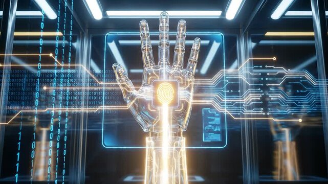 Futuristic bionic hand performing biometric fingerprint scan with flowing binary code and glowing circuit animation, symbolizing cybersecurity, ai authentication and digital identity protection