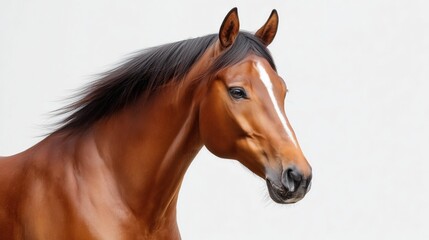 Fototapeta premium Graceful bay horse with flowing mane against white background