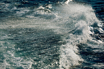 A wave of the Barents Sea breaks against a strong wind in sunny weather