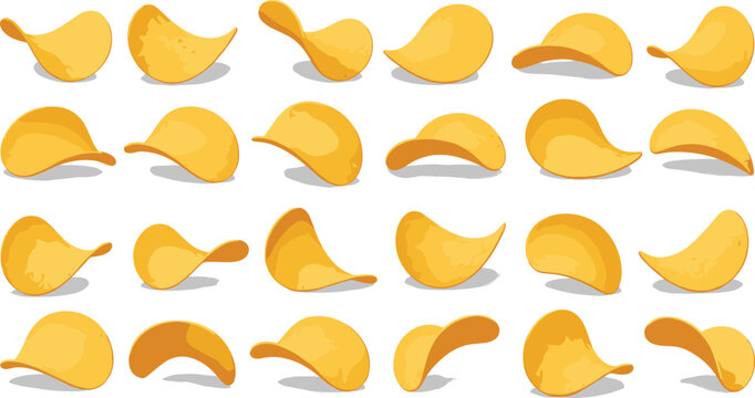 Potato chips grid illustration. Twenty golden crescent snacks arranged in 4x5 pattern with soft shadows. Minimalist food design isolated on white background.