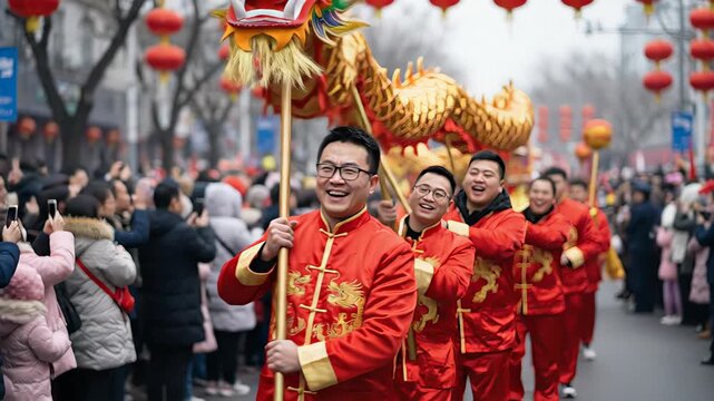 Joyful chinese men in traditional red costumes performing a dragon dance during a festive street parade for the lunar new year, with crowds and red lanterns celebrating in the background