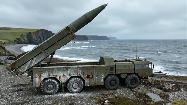 Rusty military truck with a ballistic missile in a combat ready position on a remote, stormy seashore, symbolizing geopolitical tension, nuclear deterrence, and the threat of global conflict