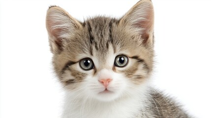 Obraz premium Adorable brown and white kitten with blue eyes on white background