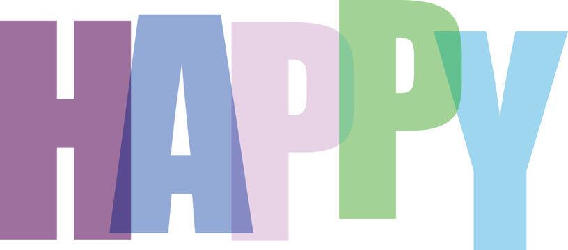 Overlapping letters spelling the word HAPY in pastel purple blue green and Colorful text effect