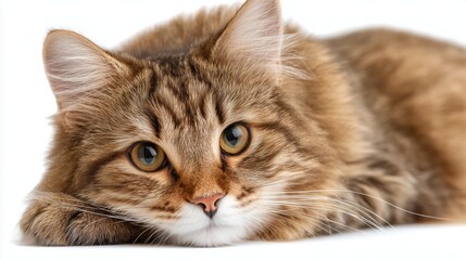 Obraz premium Fluffy brown tabby cat relaxing with curious expression on white background