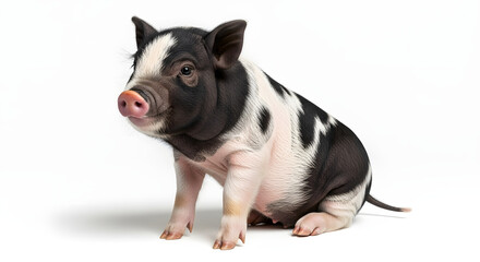 Fototapeta premium A charming young domestic piglet with distinctive black and white markings sitting gracefully on a clean white studio background looking away