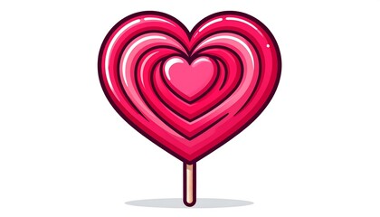 A vector illustration depicts a heart-shaped lollipop with concentric layers of pink and a wooden stick. The candy's outline is dark