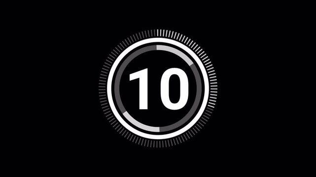 15 Second Countdown Timer, White Circle Animation with Numbers on Black background., Alpha Channel 4k video animation seamless loop