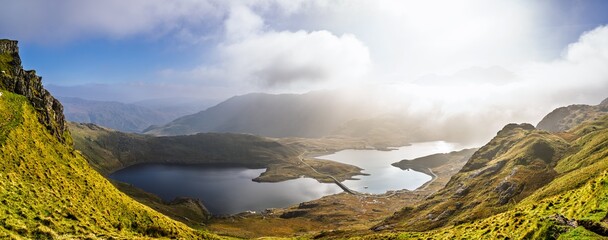 Naklejka premium Pyg Track over Llyn Llydaw lake, Pen-y-Pass, mountain pass, Snowdonia, Gwynedd, north-west Wales, UK