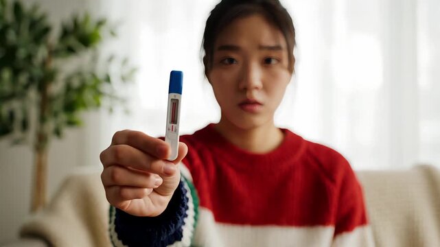 Young woman holding up a pregnancy test kit in a cozy living room setting