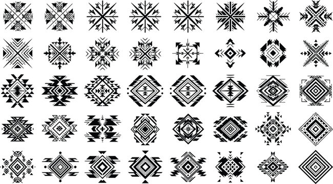 Geometric tribal pattern collection with ethnic ornament shapes abstract decorative motifs isolated vector illustration design elements set