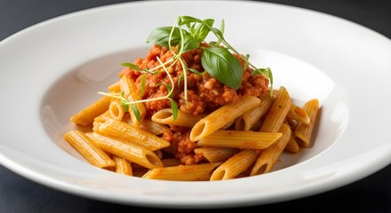 Gourmet Penne Pasta with Tomato Sauce and Fresh Basil on White Plate