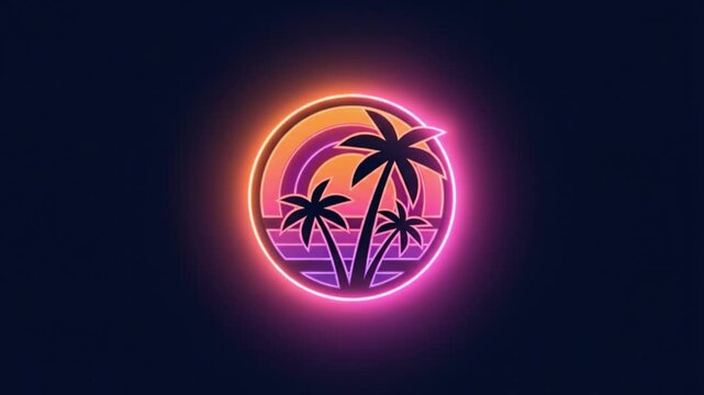Neon tropical sunset with silhouetted palm tree trio and glowing gradient circle retro synthwave sunset circle logo with three silhouetted palm tree tropical beach evoking warm nostalgic vibe neon