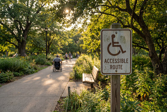 Wheelchair accessibility sign beside paved park pathway with greenery and sunset light, representing barrier free infrastructure, equal access, disability inclusion, and inclusive urban planning.