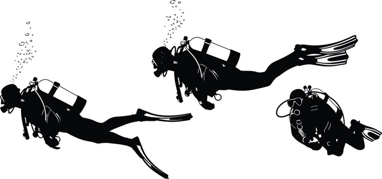 Scuba divers swimming underwater with oxygen tanks and fins silhouette isolated on white background vector illustration collection